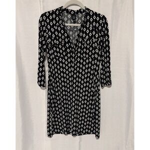 Saint Tropez West Shirt Dress Womens 4 Black White Ikat Spandex Knit 3/4 Sleeve